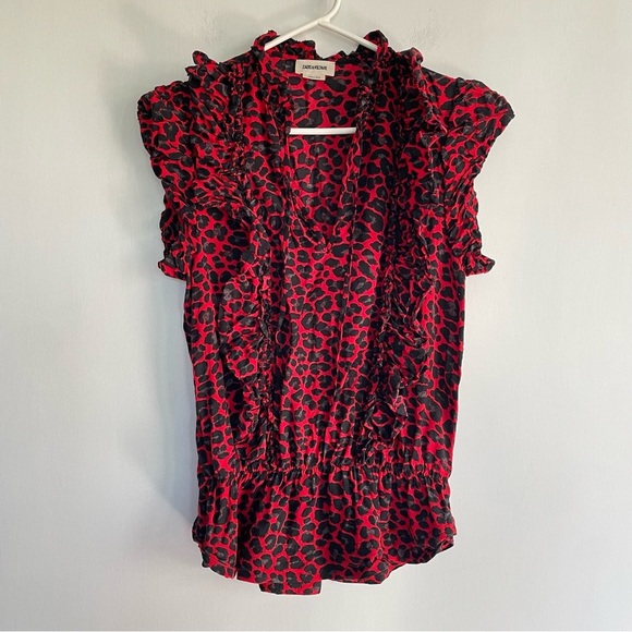Zadig & Voltaire Tibo Print Leopard Ruffle Red Black Sleeveless Tassel Size S - Picture 3 of 12
